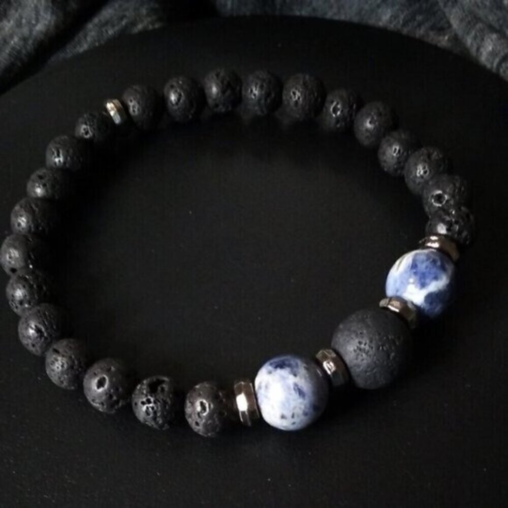 Sodalite + Lava Rock ~ Big Man's Bracelet with Massive Beads - Fits 9" Wrist